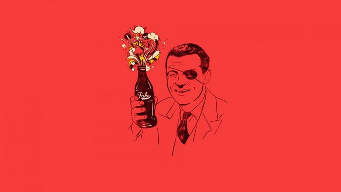 Man with eye patch holding a bottle of fake soda