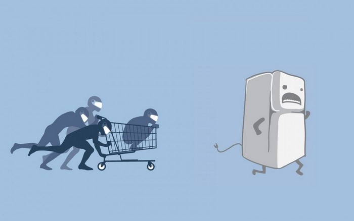 Cartoon characters chasing a refrigerator