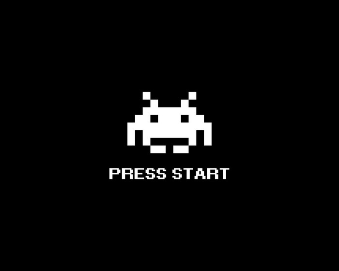 Space Invaders pixel art with "PRESS START" text