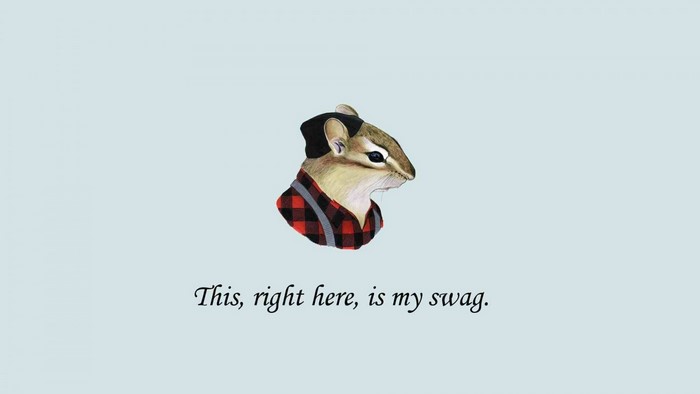 Chipmunk wearing a hat and plaid shirt with text