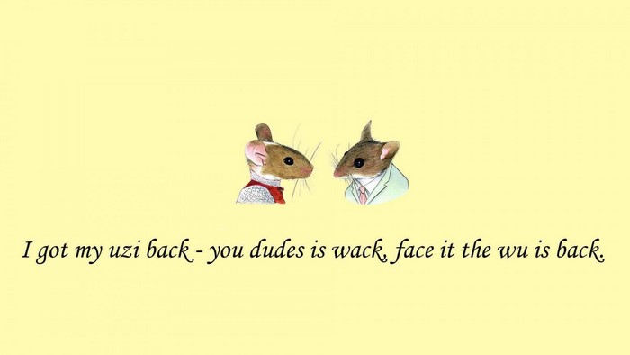 Two mice in suits with a quote about Wu-Tang Clan
