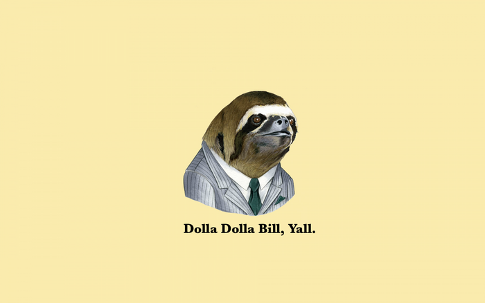 Sloth in a suit with text
