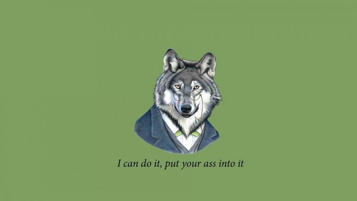 Wolf in suit with glasses and quote