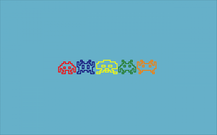 Space Invaders pixel art in multiple colors