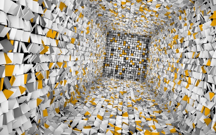 Abstract tunnel of white and yellow cubes