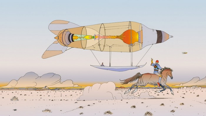 Möbius airship over a desert landscape with a rider on horseback