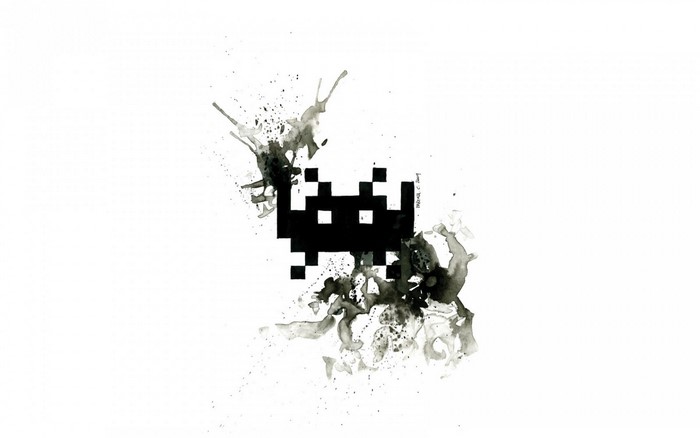 Space Invader pixel art with ink splashes