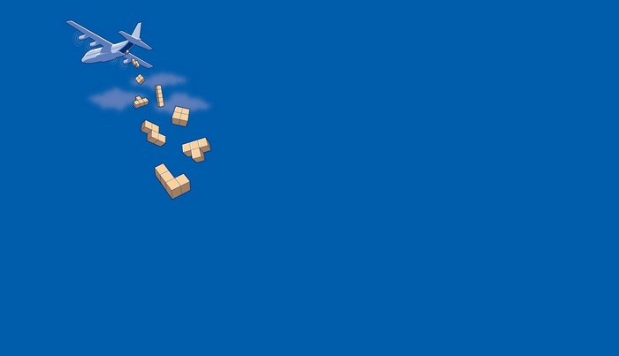 Airplane dropping Tetris blocks in the sky