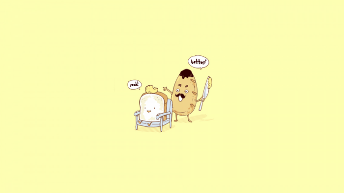 Cartoon bread and potato characters with butter and knife