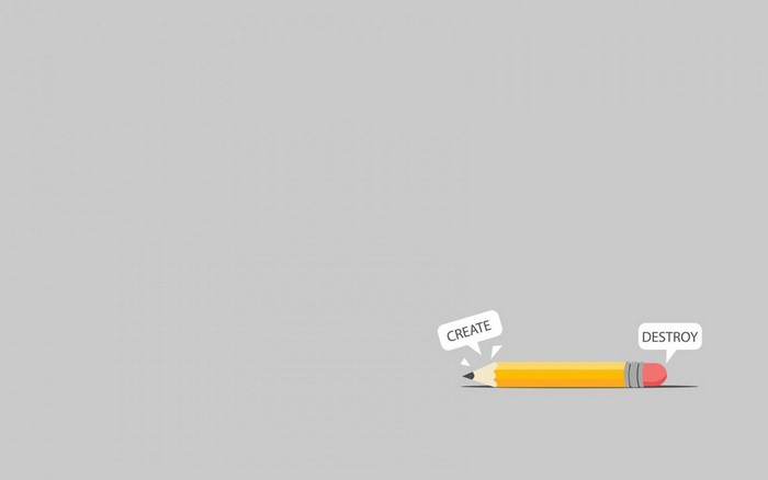 Pencil with 'Create' and 'Destroy' speech bubbles