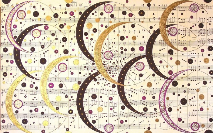 Abstract illustration of musical notes with crescent moons and circles