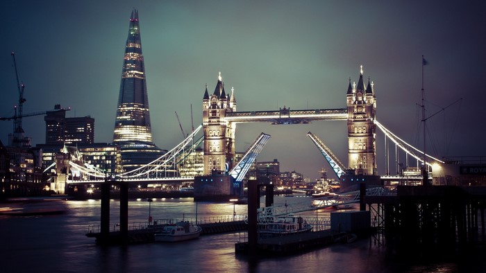 London cityscape at night with Tower Bridge and The Shard