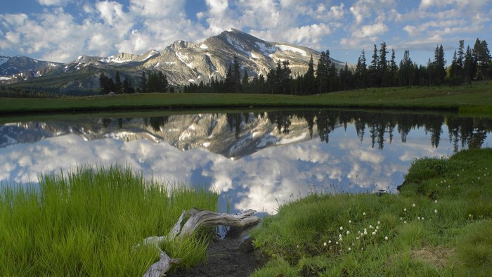 Mountain reflection in a calm lake with green meadows