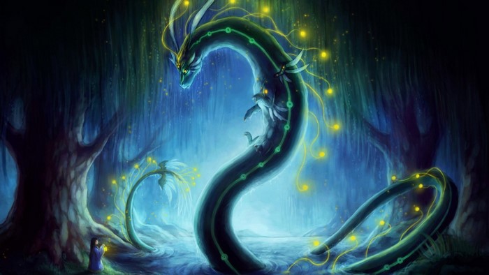 Dragon with glowing lights in a mystical forest