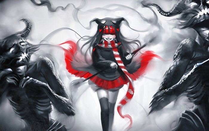 Anime girl with demons and red scarf