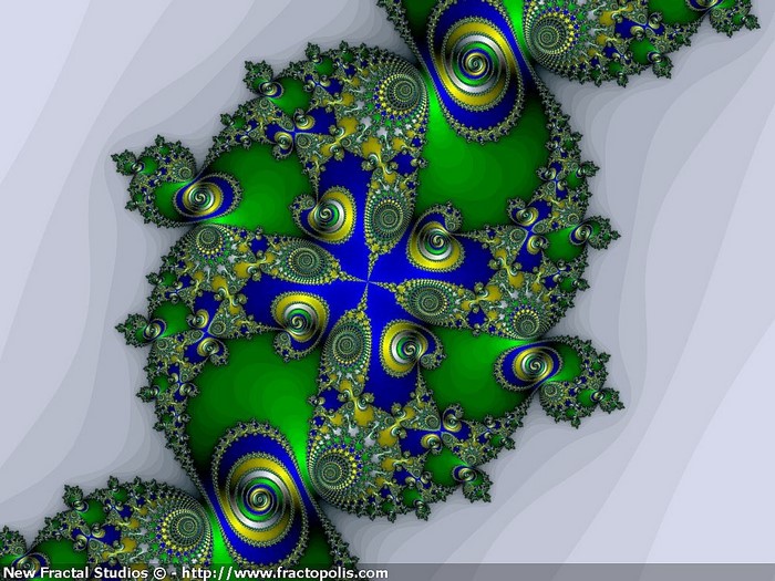 Abstract fractal pattern in green, blue, and yellow
