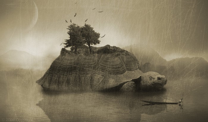 Giant turtle island with trees and birds