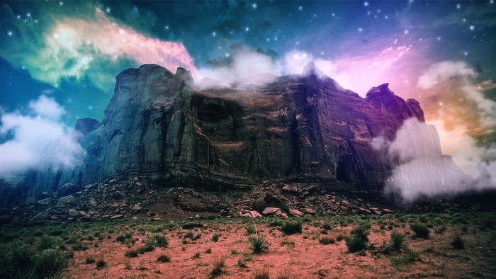 Mountain landscape with nebula and clouds