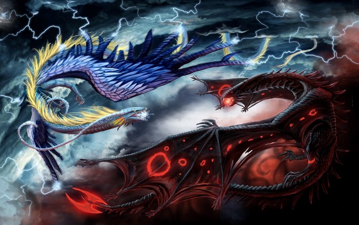 Two dragons battling amidst lightning and clouds