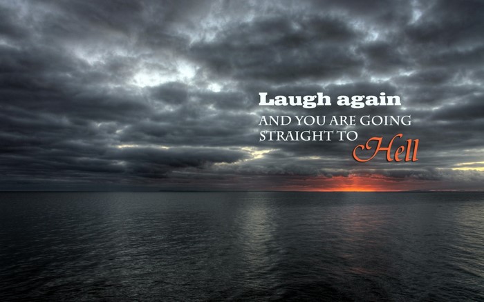 Dark clouds over the ocean at sunset with text