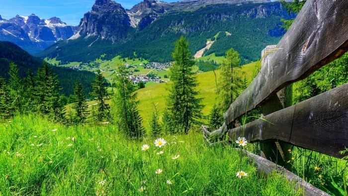 Wooden fence overlooking a green valley with mountains