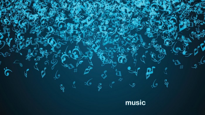 Blue musical notes on a dark blue background with the word "music"
