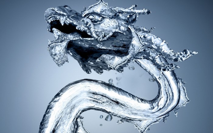 Water dragon sculpture with droplets