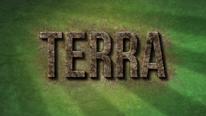 Terra text on cracked ground with green texture