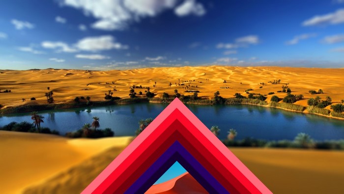 Desert oasis with sand dunes and abstract triangles
