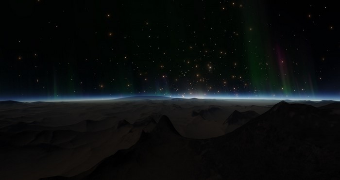 Aurora over a desolate planet in Space Engine
