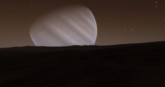 Planet in space with stars and a dark landscape