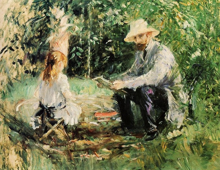 Painting of a man reading to a girl in a garden