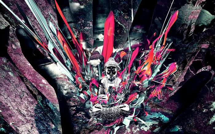 Buddha statue surrounded by abstract colorful elements