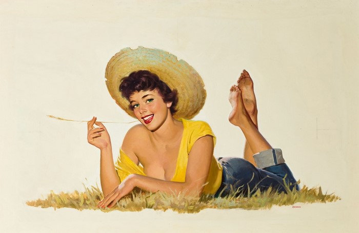 Painting of a woman in a straw hat lying in grass