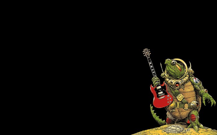 Turtle astronaut playing a red electric guitar