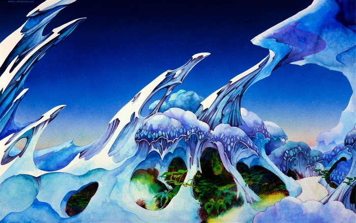Surreal alien landscape with blue ice formations and green foliage