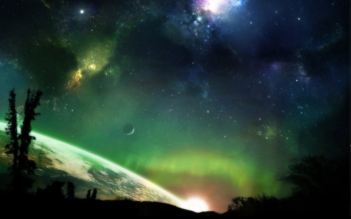 Digital art of a planet with aurora and stars