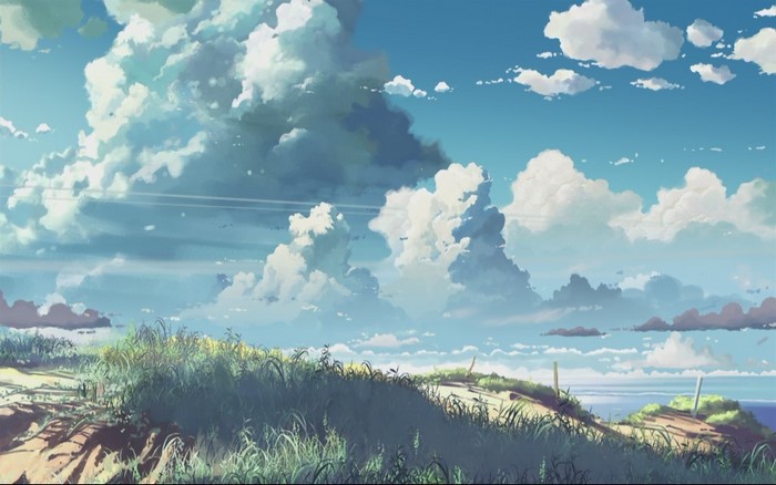 Anime landscape with clouds and grass by Makoto Shinkai