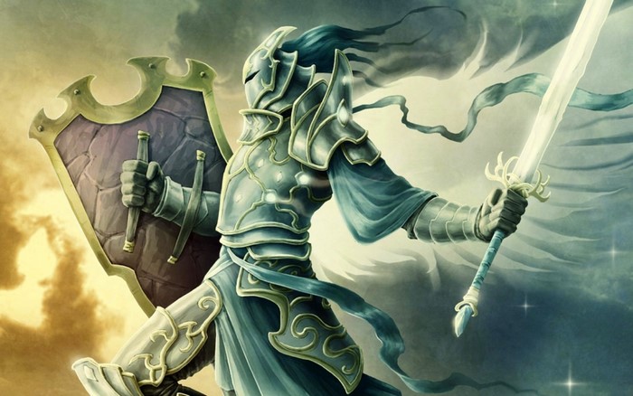 Fantasy knight in armor with sword and shield