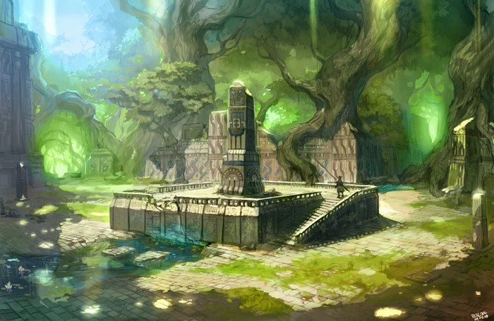 Fantasy art of ancient ruins in a lush forest