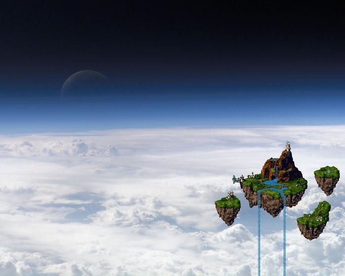 Floating islands above Earth's atmosphere with moon