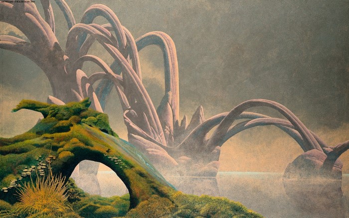 Fantasy Landscape with Organic Structures by Roger Dean
