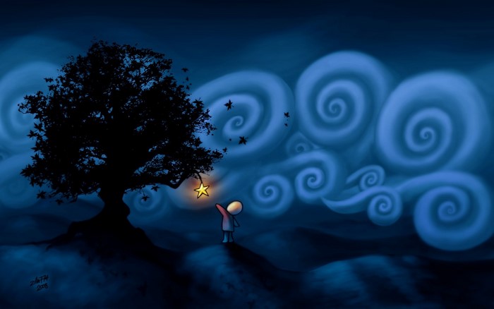 Child reaching for a star under a tree at night
