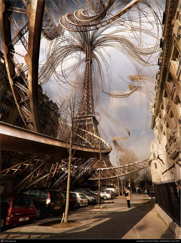 Surreal Eiffel Tower with abstract metal structures in Paris