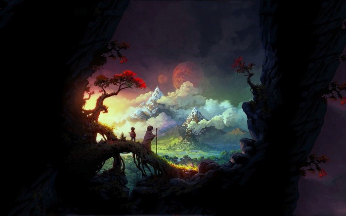 Two figures on a tree bridge overlooking a fantasy landscape