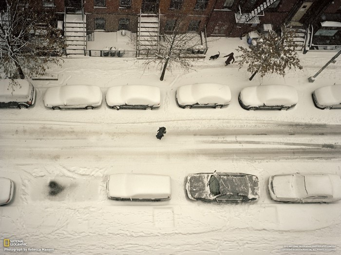 Snowy Street with Cars and People