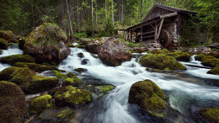 Old mill by a forest stream with mossy rocks