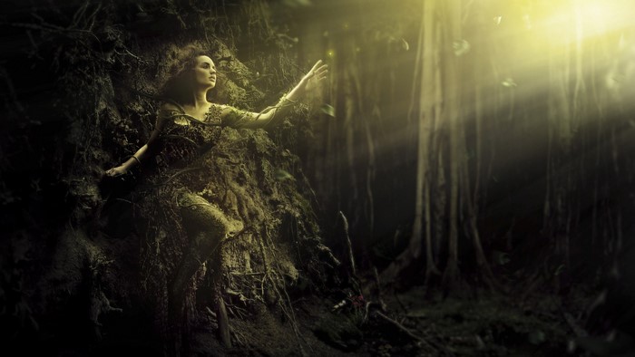 Fantasy woman in a dark forest with sunlight