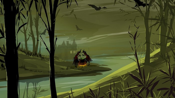Two witches brewing a potion by a river with a castle in the background