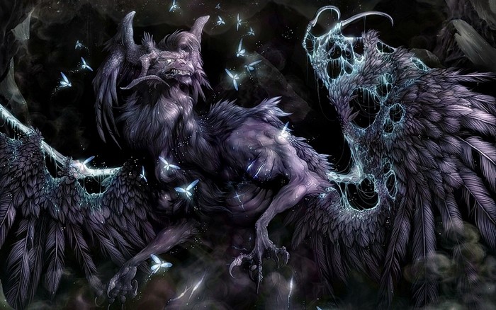 Dark creature with wings and glowing butterflies